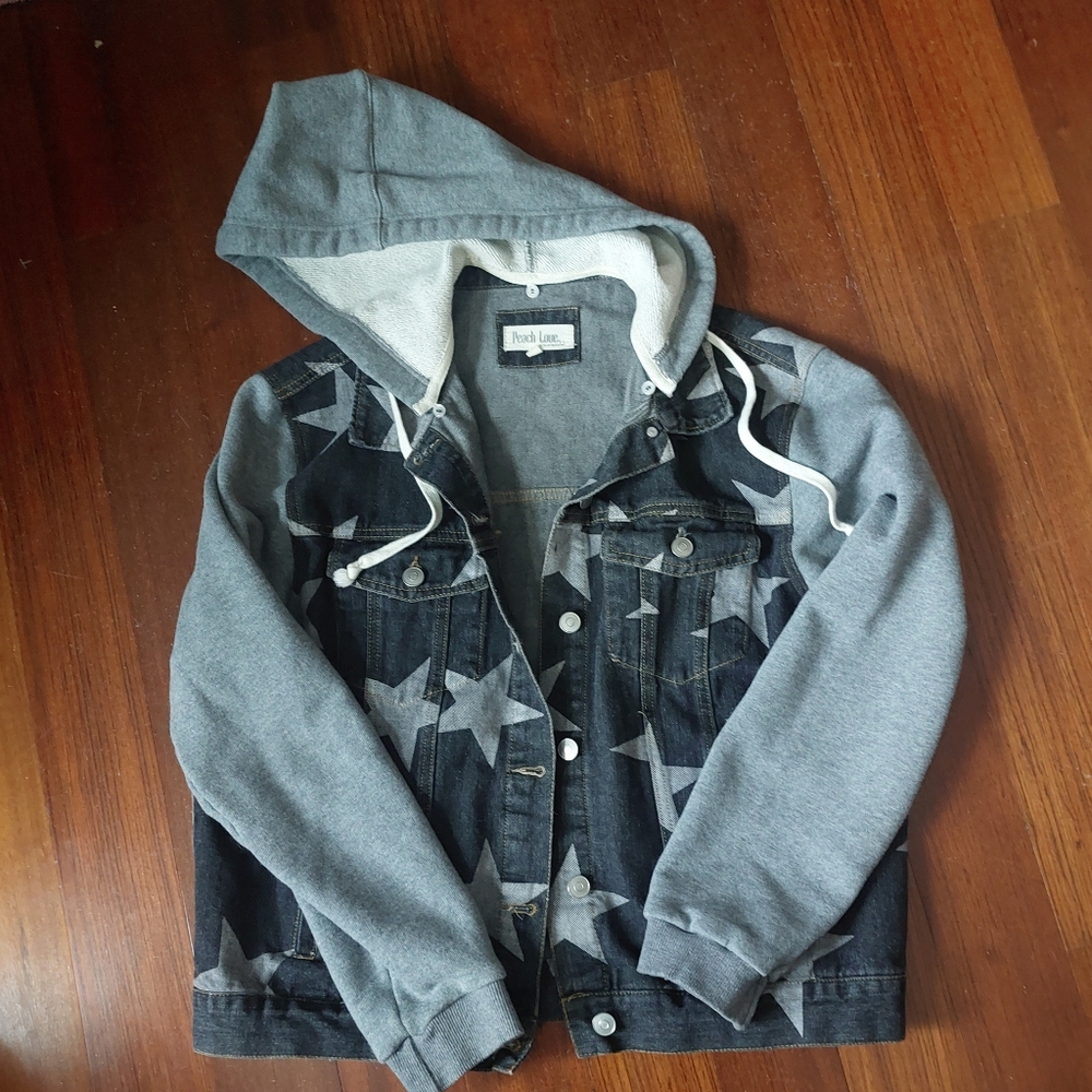 Star Printed Denim Sweatshirt Hoodie Jacket Size M